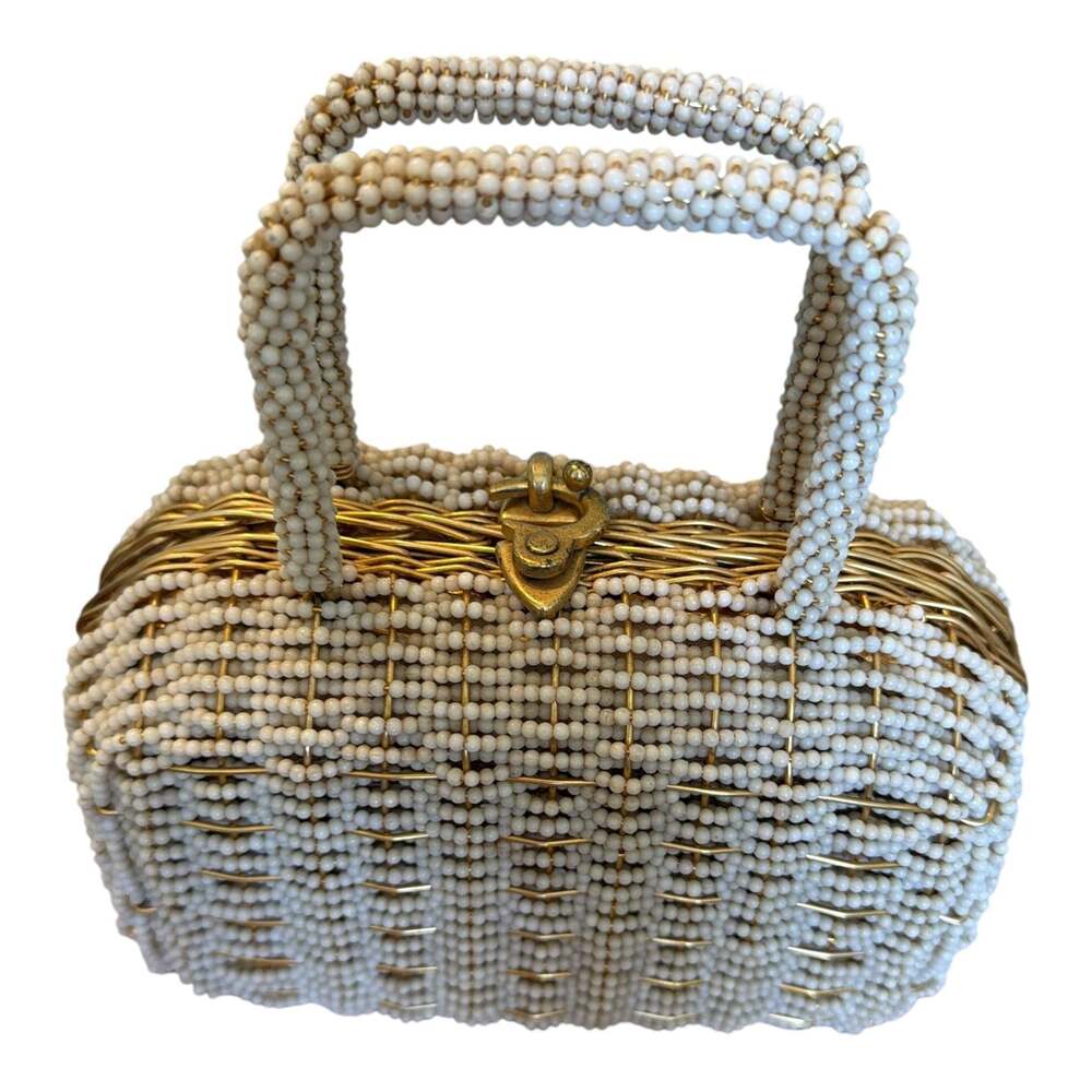 Vintage Walborg White Beaded Handbag with Gold Wire Frame - Picture 5 of 11